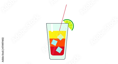 Colorful Cocktail Drink with Ice Cubes and Lime Slice.