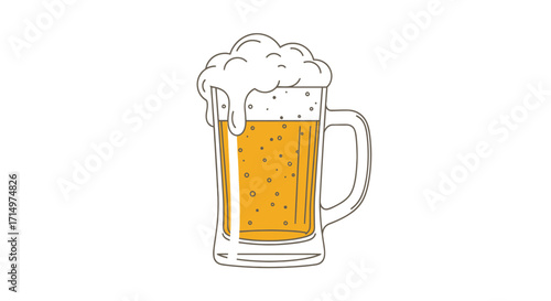 Frothy Beer Mug Illustration with Golden Liquid and Bubbly Head.