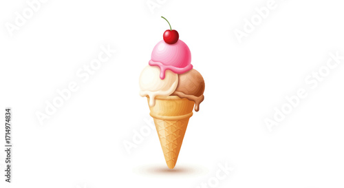 Delicious Strawberry and Vanilla Ice Cream Cone with Cherry Topping.