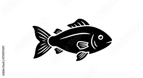 Simple black woodcut style illustration of a single goldfish or carp with detailed fins and tail.