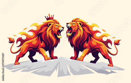 vector illustration of two lions fiery fighting