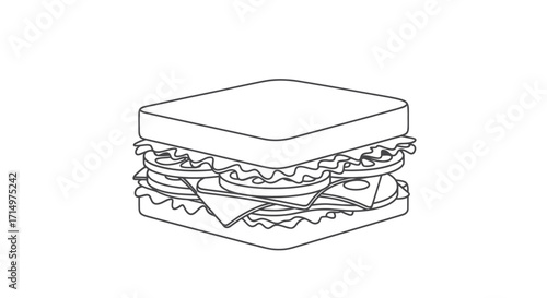 Detailed line art drawing of a layered club sandwich with various fillings.