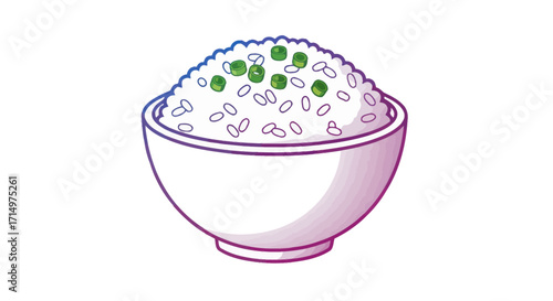 A simple cartoon illustration of a white bowl filled with steamed rice and green peas.
