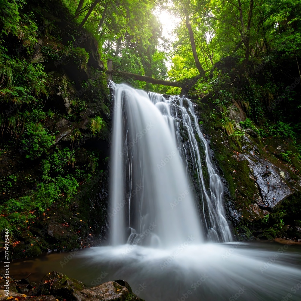 Fototapeta premium Lush waterfall cascading down rocky terrain
