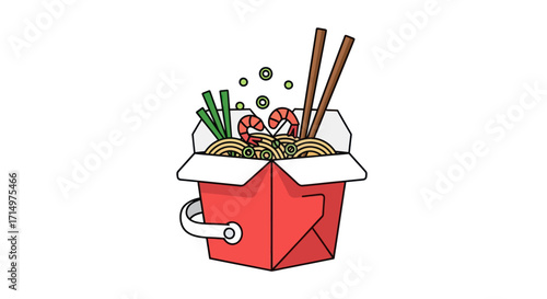 Delicious Chinese Takeout Box Filled with Noodles and Chopsticks.