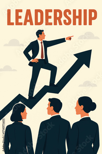 Vector illustration of business leader pointing forward while team follows on upward arrow. Concept of leadership, growth and corporate success
