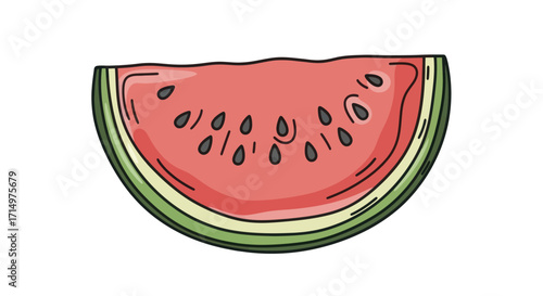 A vibrant slice of juicy watermelon with black seeds and green rind.