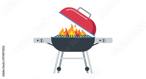 Open Red-Lidded Charcoal Grill with Flames.