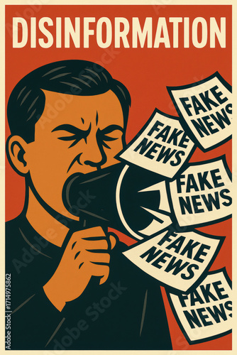 Vector illustration of man shouting through megaphone spreading fake news with disinformation text. Concept of propaganda, misinformation and media manipulation
