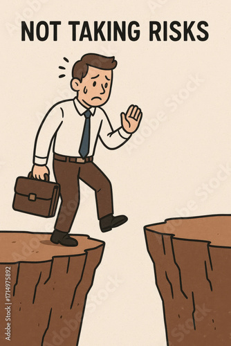 Cartoon illustration of a worried businessman holding a briefcase, hesitating to cross a cliff gap. The text 