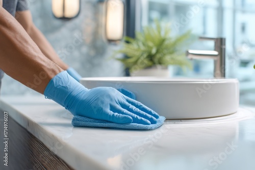 Close-up of a person wearing protective gloves cleaning a bathroom sink with a microfiber cloth, ensuring hygiene and sanitation in a modern home environment.