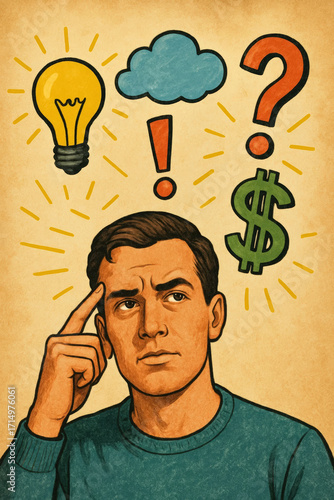 Cartoon illustration of thoughtful man with symbols of light bulb, dollar sign, question mark, exclamation mark and cloud. Concept of decision making and ideas

