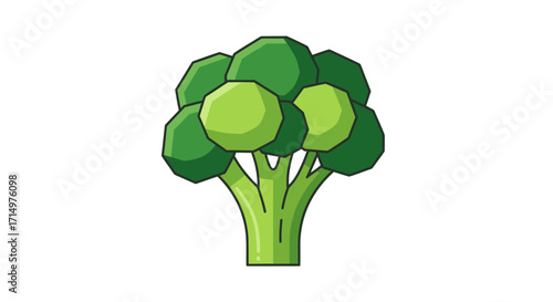Cartoon Broccoli Floret with Green Florets and Stalk.