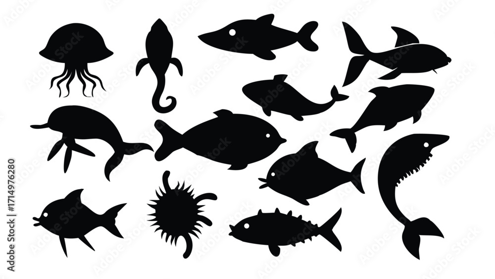 Obraz premium Fish Silhouettes Collection Vector Set | Black Marine Animal Shapes Illustration