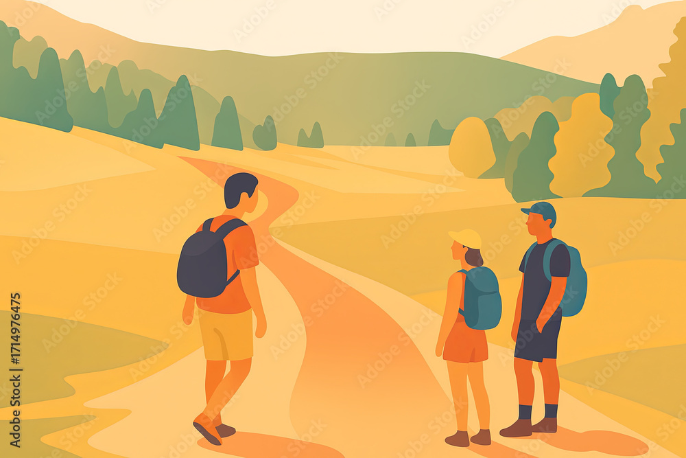 Fototapeta premium Group of friends hiking on path in sunny mountain landscape illustration.