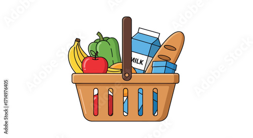 Cartoon Shopping Basket Filled with Groceries and Food Items.