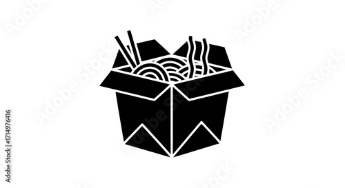 Black and White Takeout Box Filled with Noodles and Chopsticks Asian Cuisine.
