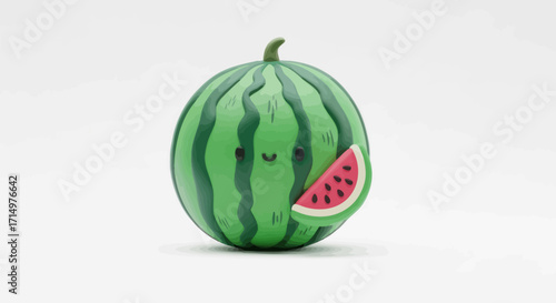 Adorable cartoon watermelon toy with a slice missing featuring a cute face.