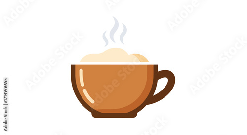 Steaming Brown Coffee Cup with Creamy Foam and Handle.
