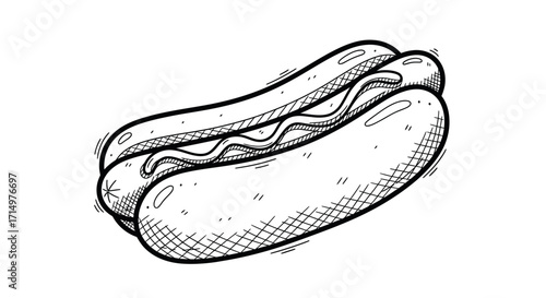 Detailed Black and White Sketch of a Hot Dog.