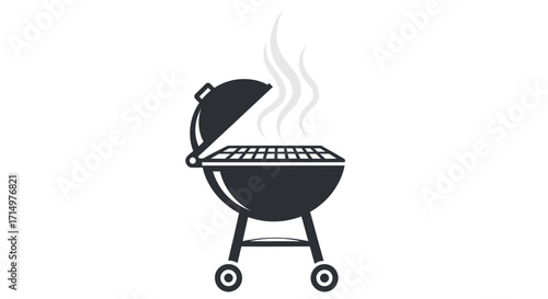 Simple Black Charcoal Grill with Open Lid and Smoke.