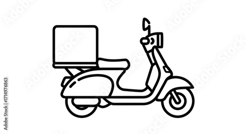 Delivery scooter with a rear cargo box depicted in a minimalist line art style.