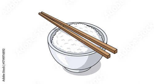 White Rice Bowl with Wooden Chopsticks Resting on Top.