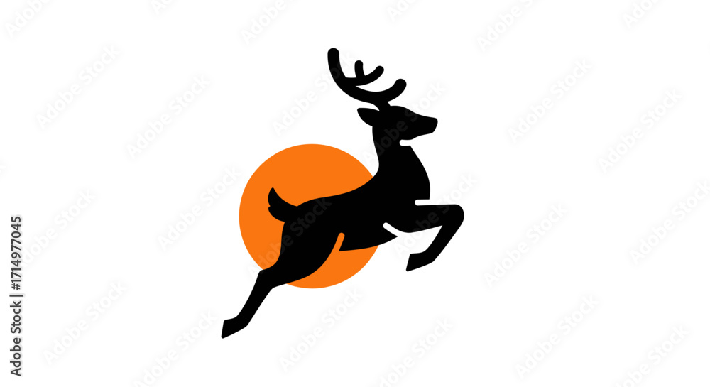 Fototapeta premium Silhouette of a Jumping Deer with Orange Circle.