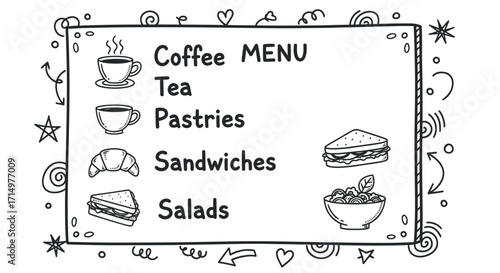 Coffee Menu with Tea Pastries Sandwiches and Salads in a Hand-Drawn Style.