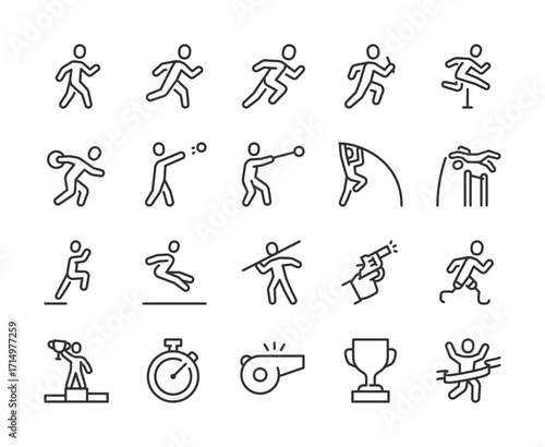 Athletics, icon set. Running, sprint, hurdles, long jump, pole vault, discus, javelin, shot put, relay, stopwatch, whistle, podium, trophy, competition, sports victory. Line with editable stroke