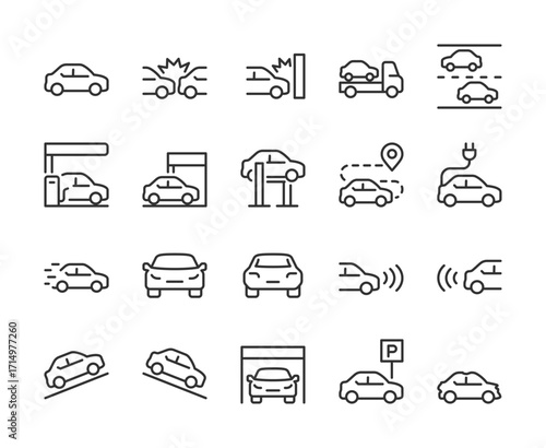 Car and Driving, icon set. Traffic, accidents, towing, parking, charging, navigation, electric car, sensors, speed, inspection, fuel station, road safety, transportation. Line with editable stroke