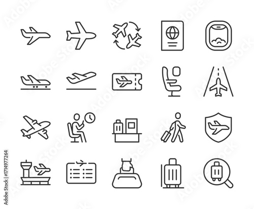 Airport and Air Travel, icon set. Airplane, boarding pass, passport, runway, luggage, waiting area, security, baggage claim, departure board, flight, passenger, aviation. Line with editable stroke