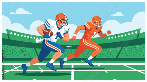 American football player running fast across the field carrying the ball. vector illustration