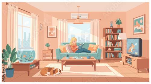 girl reading book while laying down on the couch in the living room vector illustration