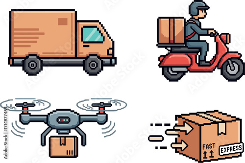 Pixel art illustration of delivery vehicles and package on transparent background