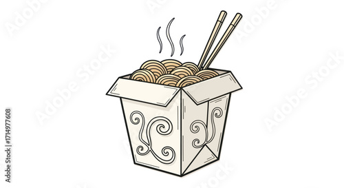 Steaming Asian Noodles in White Takeout Box with Chopsticks.