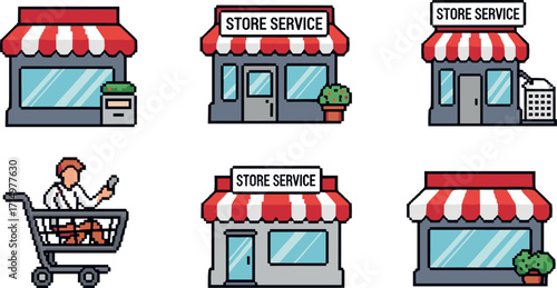Pixel art illustration of storefronts and shopping cart on transparent background