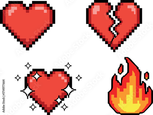 Pixel art: full heart, broken heart, sparkling heart, and flame on transparent background