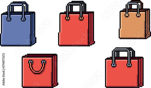 Pixel art image of five shopping bags in various colors on transparent background
