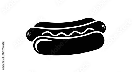 Simple black silhouette icon of a hot dog in a bun with a wavy line of mustard.