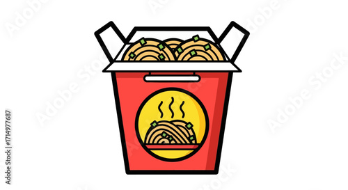 Cartoon Illustration of a Red Takeout Box Filled with Noodles.