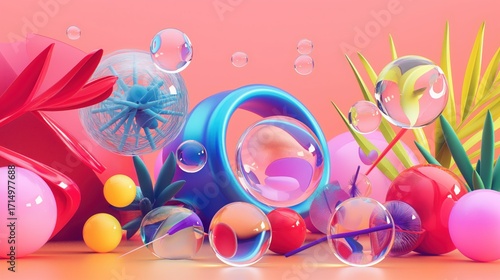 Playful 3D abstract composition with glossy spheres and bubbles