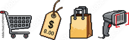 Pixel art illustration of shopping cart, price tag, shopping bag, and barcode scanner on transparent background