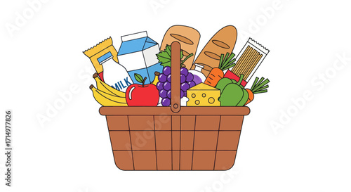 Cartoon Illustration of a Full Picnic Basket with Groceries.