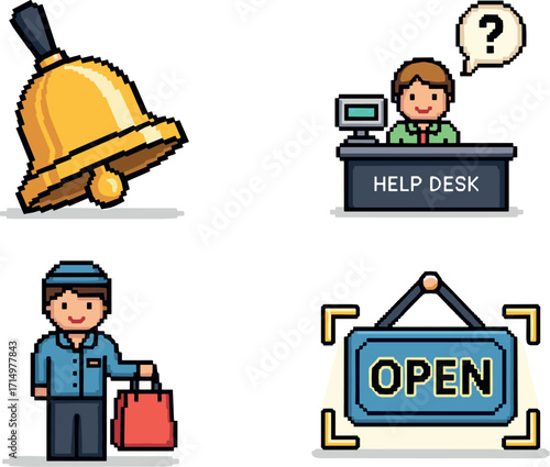 Pixel art icons: bell, help desk, bellhop, and open sign on transparent background