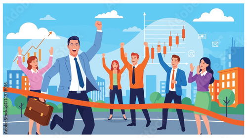 Businessman people running crossing red ribbon finish line celebrating  success cheers of friends behind. vector illustration