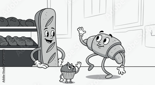 Cartoon baguette, croissant, and cupcake characters in a bakery on transparent background