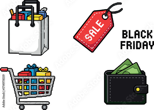 Pixel art illustration of black friday shopping elements on transparent background