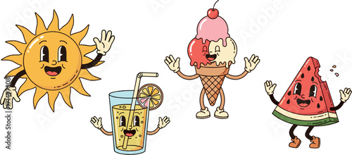Cartoon illustration of summer food and drink characters on transparent background