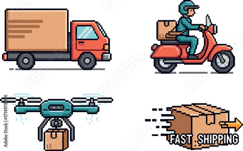 Pixel art delivery vehicles and methods: truck, scooter, drone, and fast shipping box on transparent background